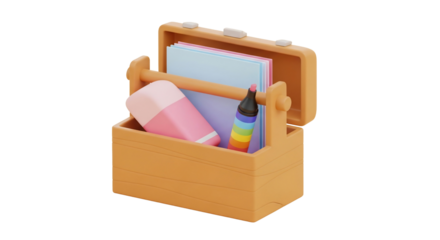 Cute 3D rendering of a wooden toolbox filled with colorful stationery. Perfect for back-to-school themes,  kids' projects, or creative concepts