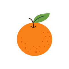 Fresh orange citrus fruit illustration with green leaf isolated on white background in minimal flat cartoon vector style