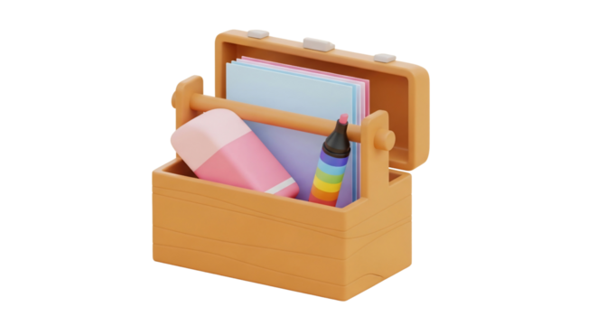 Cute 3D rendering of a wooden toolbox filled with colorful stationery. Perfect for back-to-school themes,  kids' projects, or creative concepts