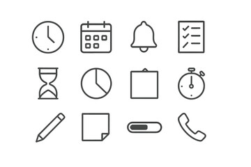 Home Time Management Icons. Outline icon set of time management at home: clock, calendar, alarm bell,