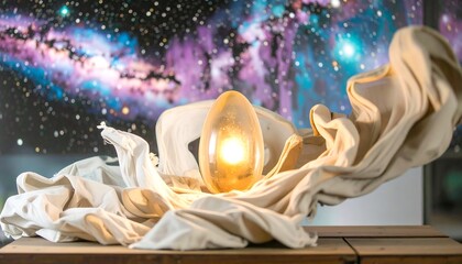 Fototapeta premium Abstract lamp with flowing fabric and cosmic backdrop