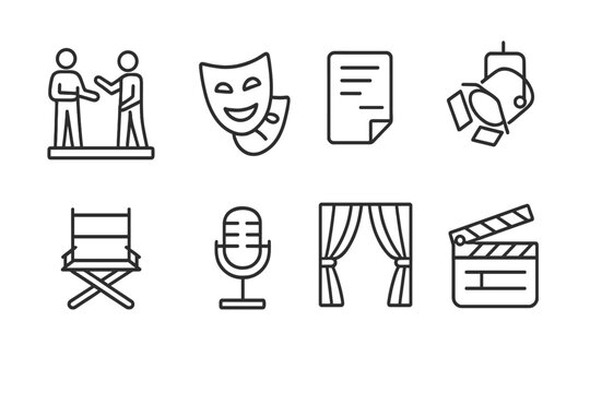 Theater Icon Set. Outline icon set of a group of actors rehearsing a scene in a theater: stage, actor mask,