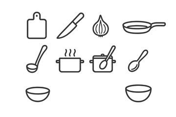 Risotto Cooking Icons. Outline icon set of cooking steps for risotto: cutting board, knife, onion, frying pan,