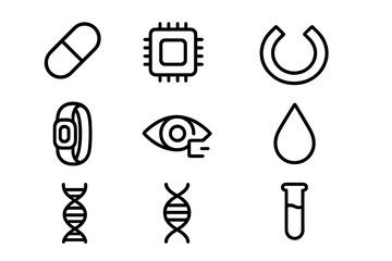 Biohacking Device Icons. Outline icon set of biohacking devices: pill, chip implant, magnet icon, wearable