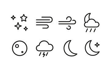 Obraz premium Midnight Weather Icons. Outline icon set of midnight weather and atmosphere: starry sky, fog, wind swirl, night rain, full moon,