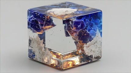 Cube shaped object with blue and silver inclusions transparent resin background.