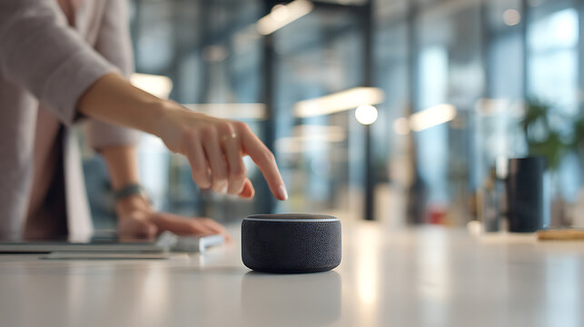 Person interacting with a smart speaker on a modern office desk