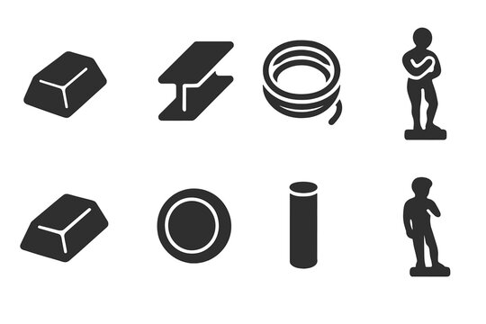 Metal Icon Set. Solid, filled icon set of metal types: iron ingot, steel beam, copper wire, aluminum sheet, gold bar, silver coin,