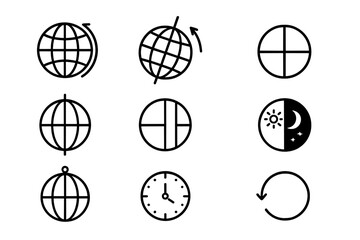 Earth's Rotation Icons. Outline icon set of Earth’s rotation: rotating globe, rotation axis, axial tilt arrow, equator line, prime