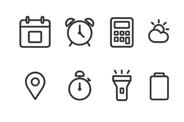 Mobile App Icon Set. Outline icon set of mobile app utilities: calendar, alarm clock, calculator, weather widget, map pin, timer,