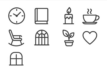 Slow Living Icons. Outline icon set of slow living spaces: clock, book, candle, tea cup, rocking chair, window