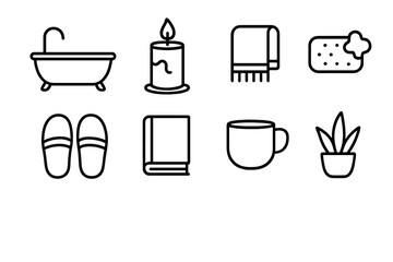 Hygge Bath Essentials Icons. Outline icon set of hygge bath rituals: bathtub, candle, towel, soap bar,