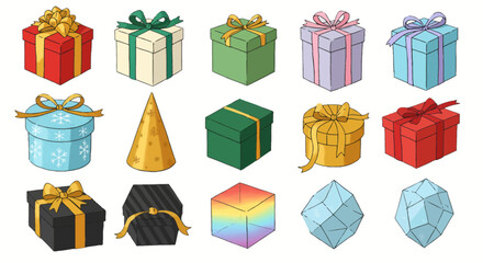 A vibrant collection of various wrapped gift boxes and geometric shapes in an illustrative style.