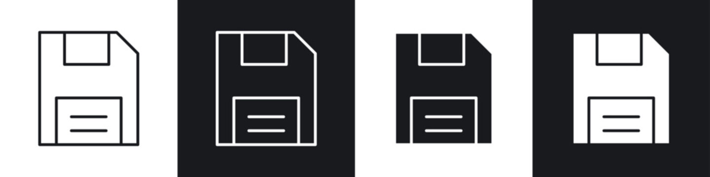 Floppy disk icons collection in black and white filled and line versions