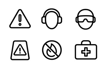 Mortar Safety Icons Set. Outline icon set of mortar safety and warnings: danger sign, ear protection, eye protection, safety pin,