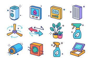 Eco-Friendly Indoor Icons. Colorful isometric vector icons set of indoor air quality in net-zero buildings: air purifier, humidity
