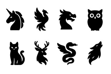 Fototapeta premium Mystical Animal Icons. Solid, filled icon set of mystical animals: unicorn, phoenix, dragon, owl, black cat, spirit deer, winged