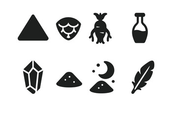 Mystical Alchemy Icons. Solid, filled icon set of mystical alchemy ingredients: philosopher’s stone, dragon scale, mandrake root,