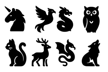 Fototapeta premium Mystical Animal Icons. Solid, filled icon set of mystical animals: unicorn, phoenix, dragon, owl, black cat, spirit deer, winged