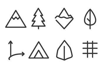 Nature and Geometry Icons. Outline icon set of nature triangles: mountain peak, pine tree silhouette, iceberg, leaf tip, bird beak