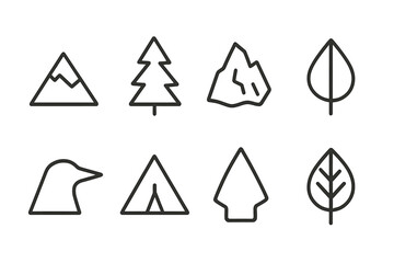 Nature Triangles Icon Set. Outline icon set of nature triangles: mountain peak, pine tree silhouette, iceberg, leaf tip, bird beak