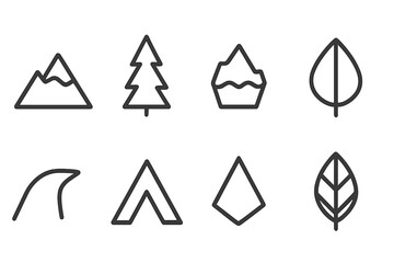 Nature Triangles Icon Set. Outline icon set of nature triangles: mountain peak, pine tree silhouette, iceberg, leaf tip, bird beak