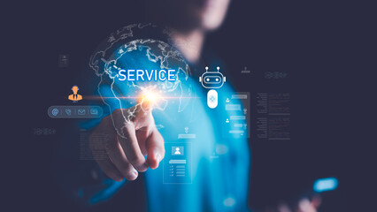 Futuristic digital service concept with AI chatbot, global map, smart communication icons, symbolizing innovation, connectivity, seamless customer support for modern technology platforms worldwide.