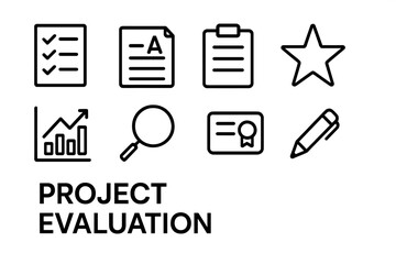 Project Evaluation Icons. Outline icon set of project evaluation: checklist, grading paper, clipboard, star,