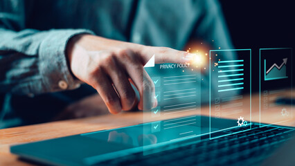 Concept of digital privacy policy, data protection, and compliance management ensuring security, corporate governance, and cybersecurity standards in modern business technology for online trust.