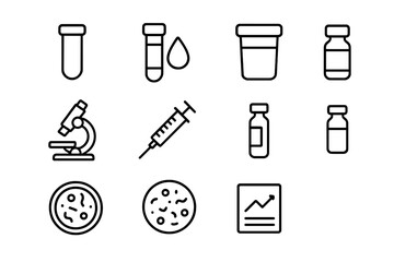 Lab Testing Icons. Outline icon set of lab testing: test tube, blood sample, urine sample, microscope, syringe