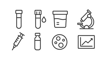 Lab Testing Icons. Outline icon set of lab testing: test tube, blood sample, urine sample, microscope, syringe