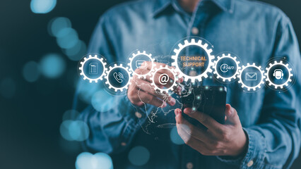 Concept of modern technical support system with gear icons and digital communication tools, symbolizing efficiency, connectivity, and smooth customer service operations in technology platforms.