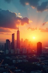 Fototapeta premium Confident business success visualized through a sharp image of a modern cityscape at sunrise, reflecting ambition and growth , marketing, construction, ambition