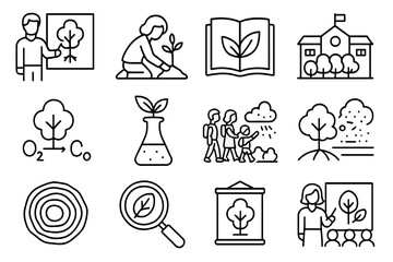 Educational Tree Icons. Outline icon set of Educational icons about trees cleaning air: teacher with tree diagram, child planting