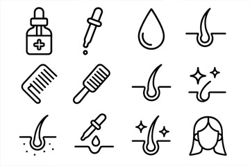 Obraz premium Hair Care Icons. Outline icon set of hair serum bottle with dropper: serum bottle, dropper, droplet, hair