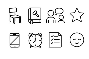 Parental Discipline Icons. Outline icon set of parental discipline: timeout chair, rule book, talking, reward star, no phone,