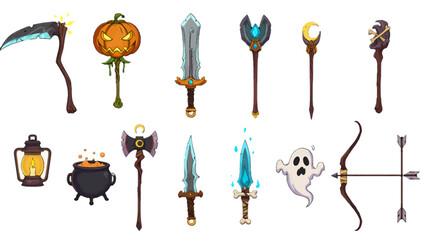 Collection of various fantasy weapons and magical items, including swords, staffs, and a lantern.