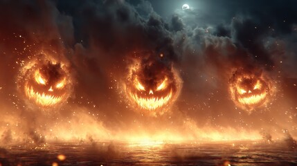 Fiery Jack-o’-Lantern Pumpkins Emerging from Dark Stormy Clouds