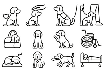Fototapeta premium Emotional Support Dog Icons. Outline icon set of emotional support dogs in various roles: dog with heart symbol, dog being petted,