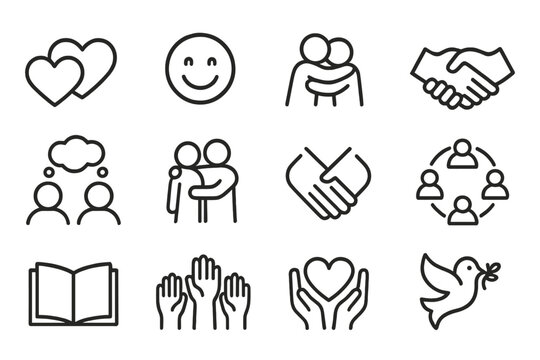 Emotional Connection Icons. Outline icon set of emotional connection: two hearts linked, smiling face, hugging figures, handshake,