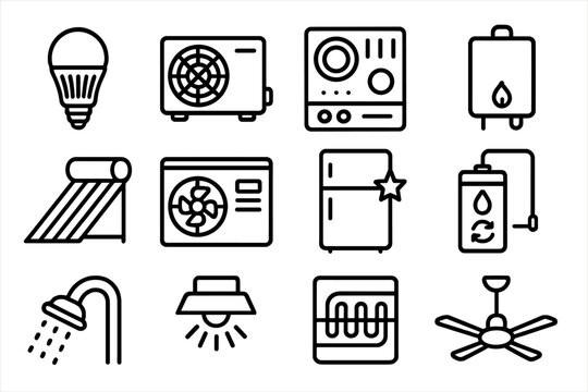 Energy-Efficient Icon Set. Outline icon set of energy-efficient systems: LED bulb, heat pump, induction cooktop, condensing boiler