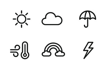 Fototapeta premium Picnic Weather Icons. Outline icon set of picnic weather: sun, cloud, umbrella, rain, wind, thermometer, rainbow, lightning. Line