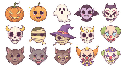 A collection of cute and spooky Halloween-themed cartoon characters including pumpkins, ghosts, vampires, skulls, mummies, witches, werewolves, and clowns.