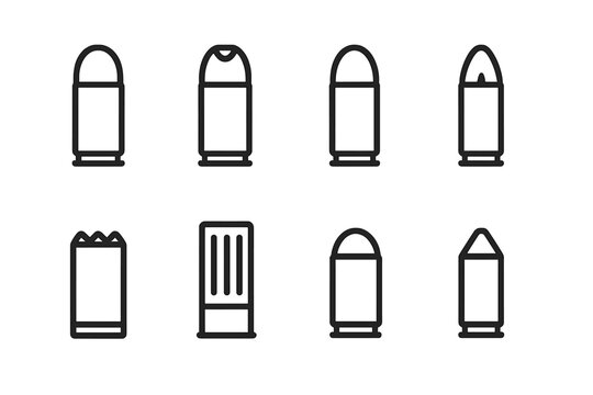 Pistol Ammunition Icons. Outline icon set of pistol ammunition: bullet cartridge, hollow point, full metal jacket, tracer round,