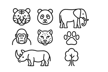 Fototapeta premium Endangered Mammals Icons. Outline icon set of endangered mammals: tiger, panda, elephant, rhino, gorilla, snow