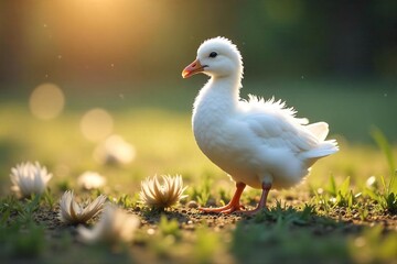 Soft, downy feathers drift gently to the ground, illuminated by soft sunlight, creating a serene and peaceful scene Perfect for nature, tranquility, and lightness themes , air, feathers