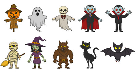 Cartoon Halloween characters: scarecrow, ghosts, vampires, mummy, witch, werewolf, black cat, bat.
