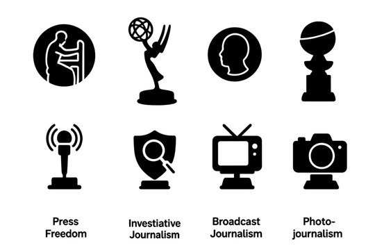 Press Awards Icons. Solid, filled icon set of press awards: Pulitzer Prize, Emmy, Peabody, Golden Globe, Press Freedom Award,