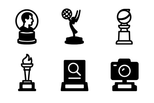 Press Awards Icons. Solid, filled icon set of press awards: Pulitzer Prize, Emmy, Peabody, Golden Globe, Press Freedom Award,
