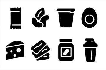 Protein Snacks Icons. Solid, filled icon set of protein-rich snacks: protein bar, nuts, yogurt cup, boiled egg, cheese slice, beef
